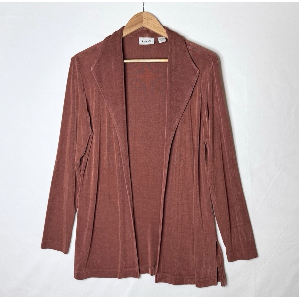 Chicos Travelers Jacket M Open Rust Brown Slinky Travel Packable Career Casual 1